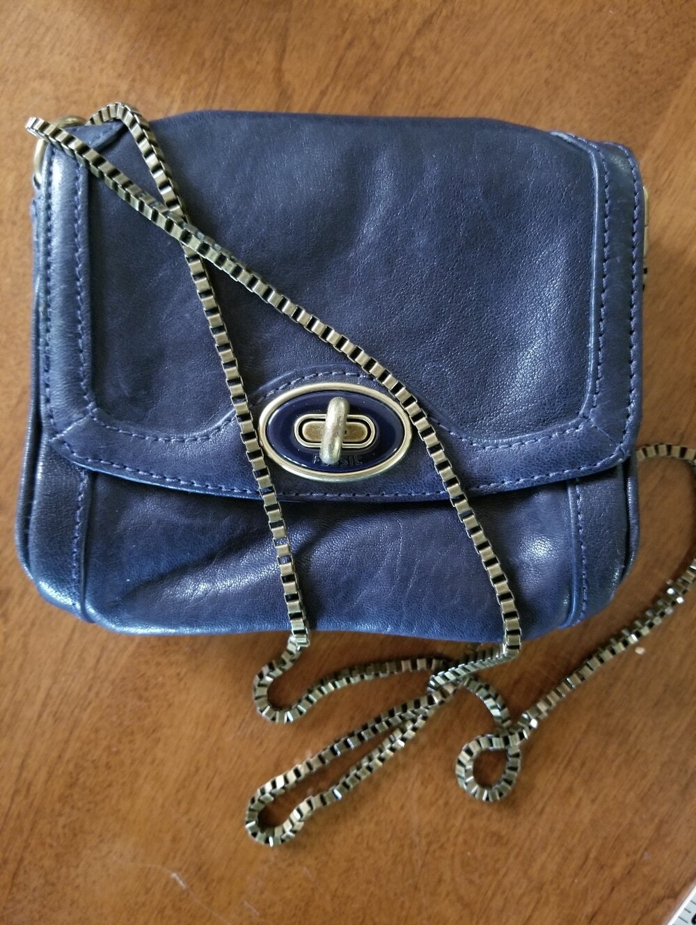 Fossil Blue Leather Crossbody Bag Brass Chain Strap Small/Mini Purse